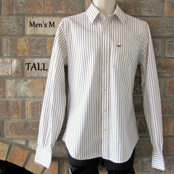 MEN'S SHIRT SLIM LONG ARMS, 15.5 x 38", COTTON WINE STRIPE BUTTON DOWN HOLLISTER - Picture 1 of 8